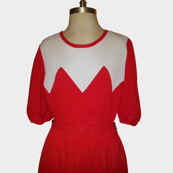 Vtg 70s Puff Sleeve Pleated Top Waist Tie Dress 16 - Picture 2 of 6